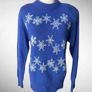 IB Diffusion Angora Christmas Snowflake Sequin Sweater Blue M 1980s Vintage